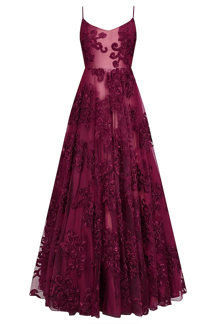 Maroon lasercut applique work gown and jacket set available only at Pernia's Pop Up Shop.