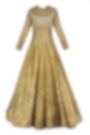 Olive green and gold foil print anarkali set available only at Pernia's Pop Up Shop.