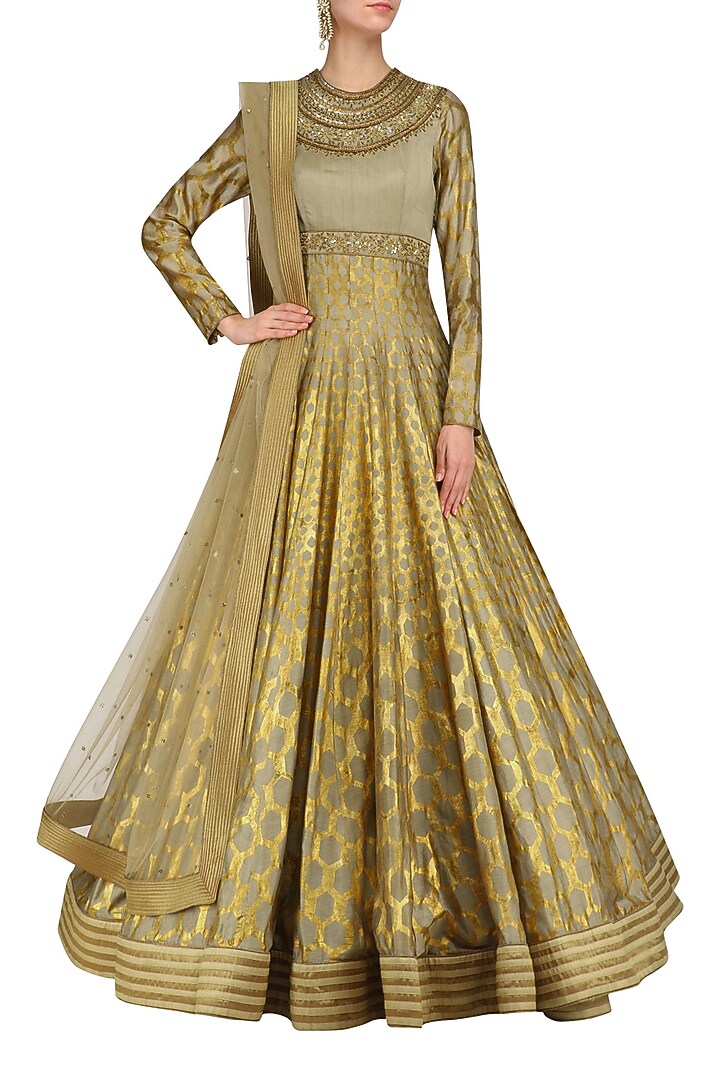 Olive green and gold foil print anarkali set available only at Pernia's Pop Up Shop.