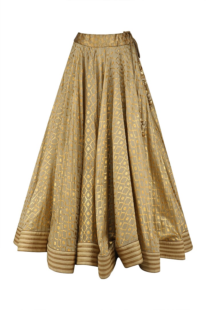 Olive green and gold foil print anarkali set available only at Pernia's Pop Up Shop.
