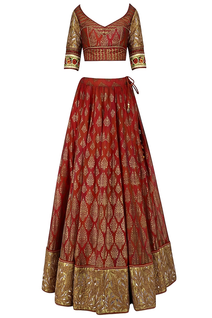 Red maroon embroidered lehenga set by Mynah Designs By Reynu Tandon