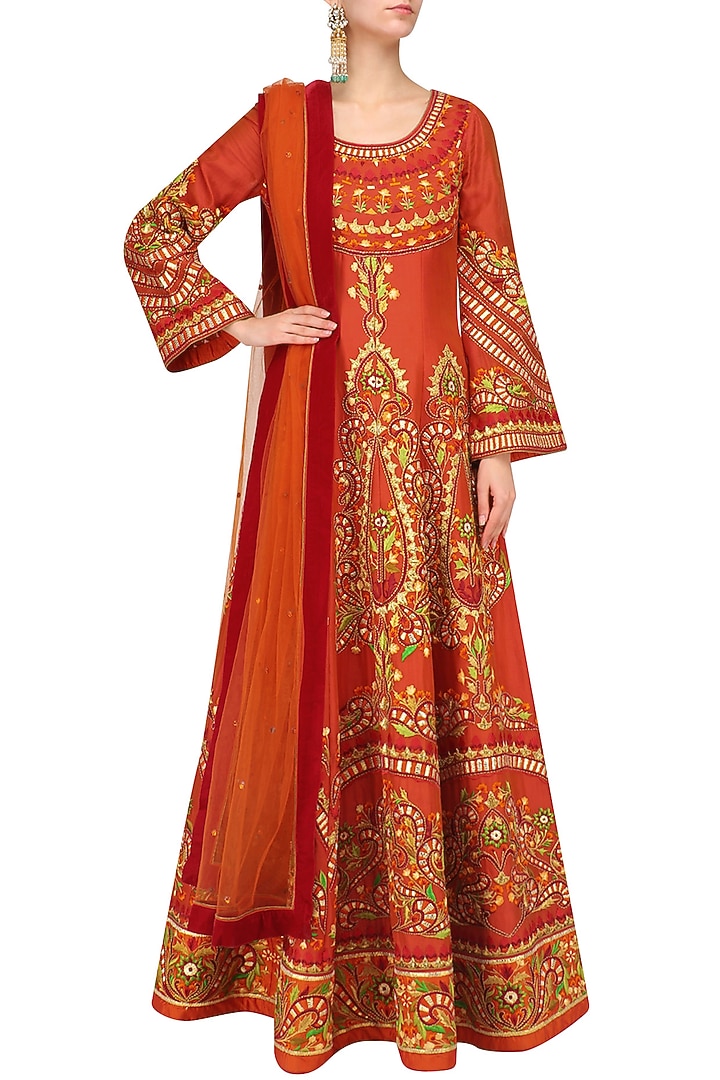Orange machine embroidered anarkali set available only at Pernia's Pop Up Shop.