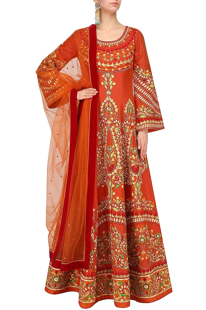 Orange machine embroidered anarkali set available only at Pernia's Pop Up Shop.