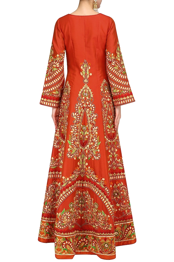 Orange machine embroidered anarkali set available only at Pernia's Pop Up Shop.