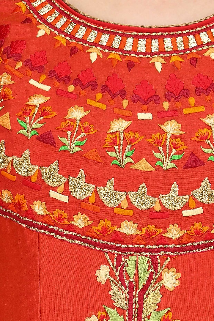 Orange machine embroidered anarkali set available only at Pernia's Pop Up Shop.