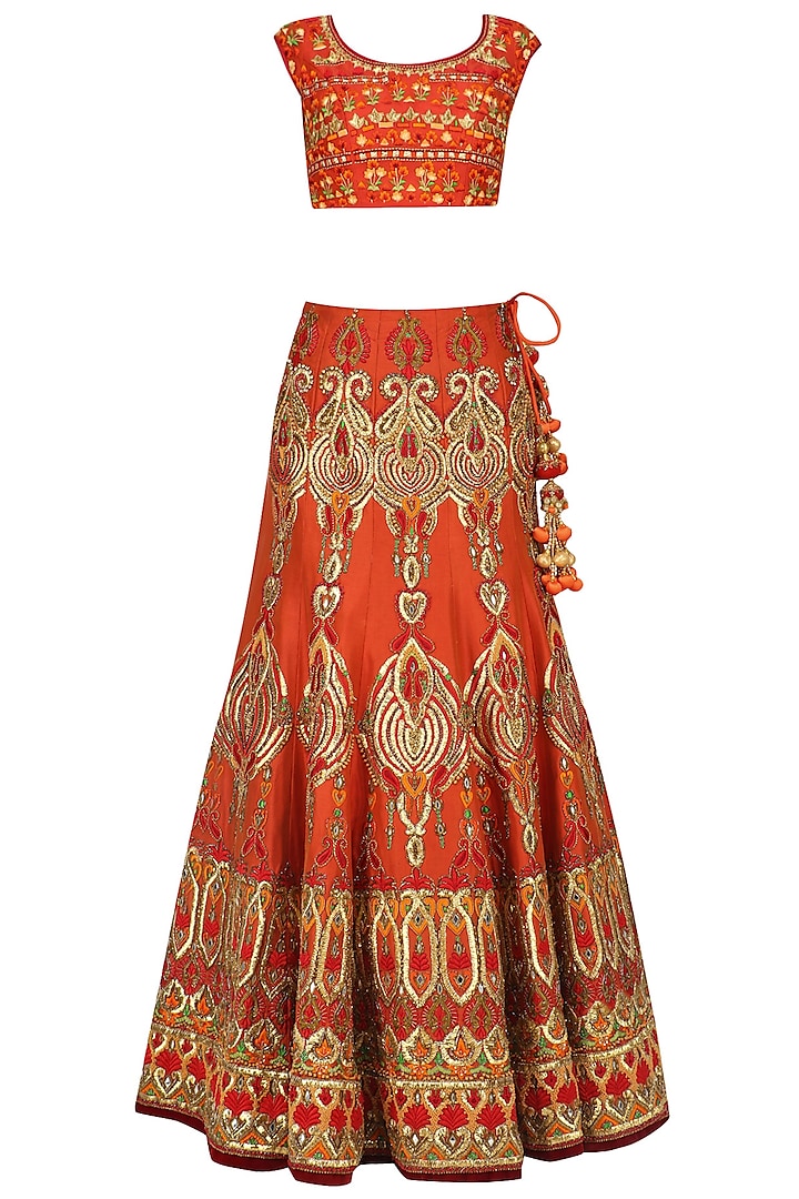 Orange Machine and Adda Embroidered Lehenga Set by Mynah Designs By Reynu Tandon