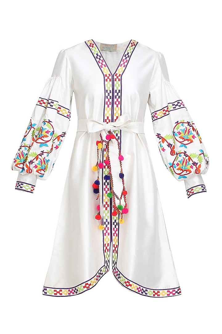White Floral Embroidered Bell Sleeved Dress by Mynah Designs By Reynu Tandon