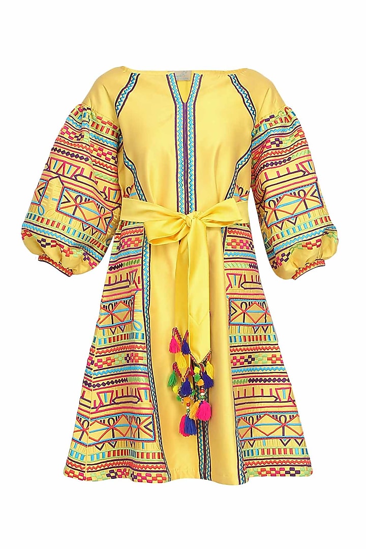 Yellow Geometric Embroidered Tafta Dress by Mynah Designs By Reynu Tandon