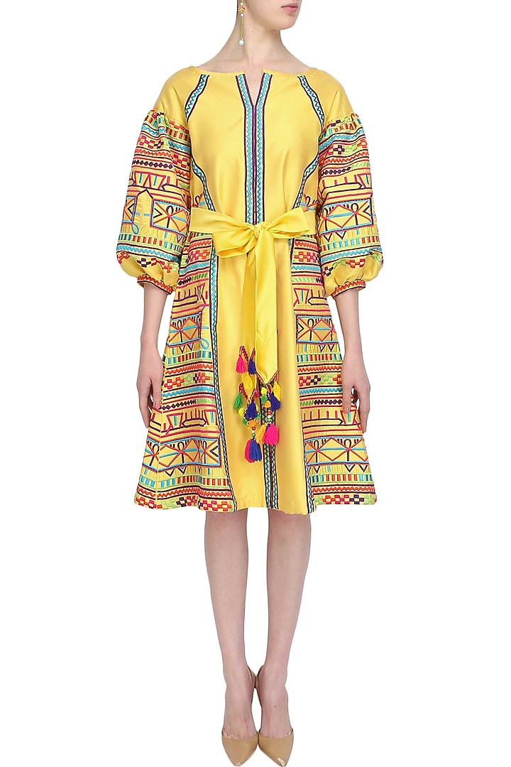 Yellow geometric embroidered tafta dress available only at Pernia's Pop Up Shop.