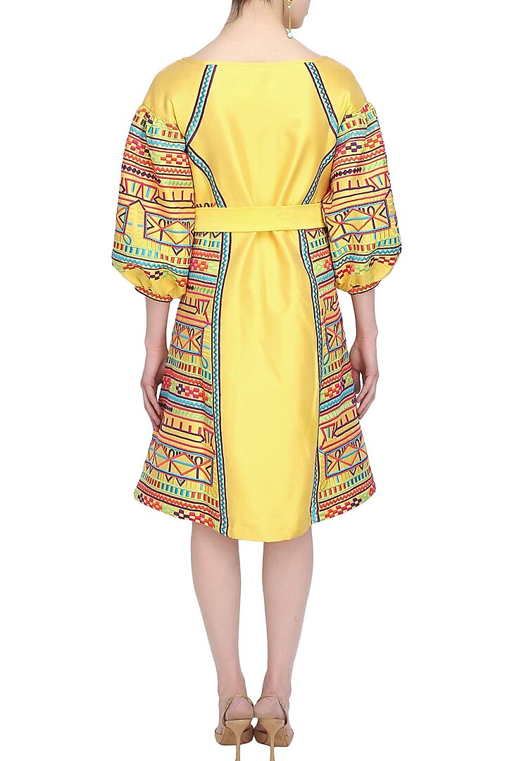 Yellow geometric embroidered tafta dress available only at Pernia's Pop Up Shop.