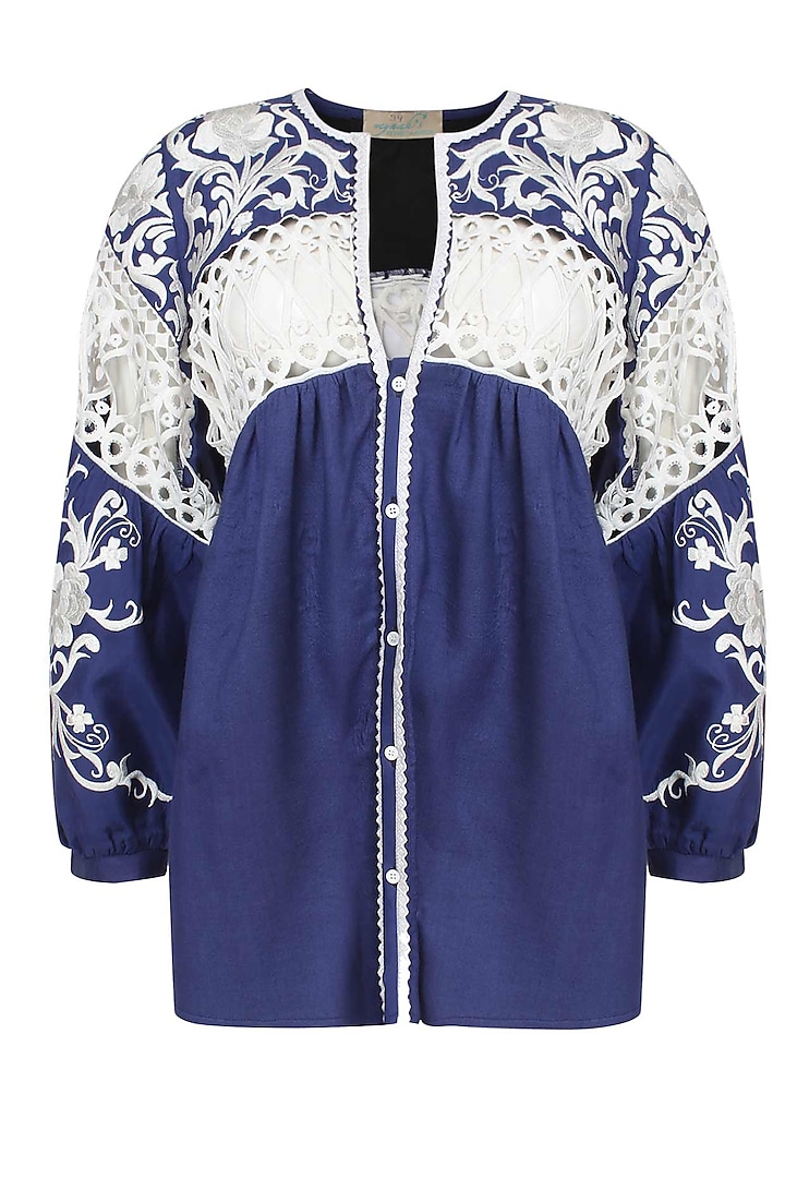 Blue Floral Embroidered Cotton Top by Mynah Designs By Reynu Tandon