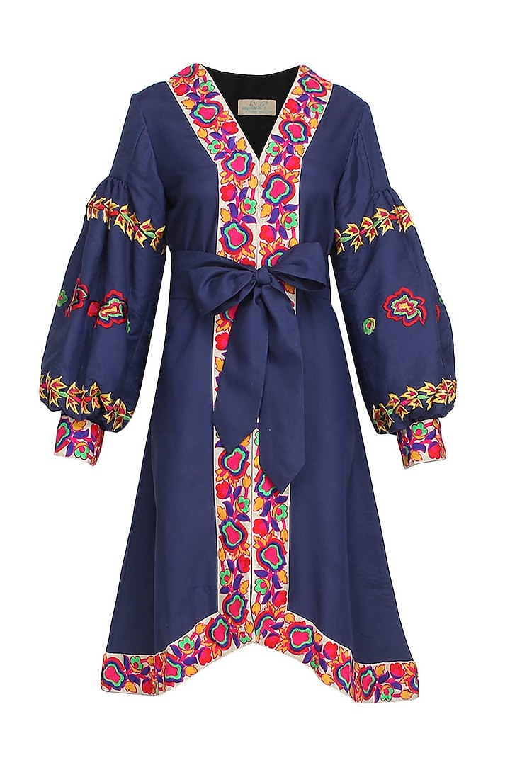 Blue Floral Embroidered Cotton Dress by Mynah Designs By Reynu Tandon