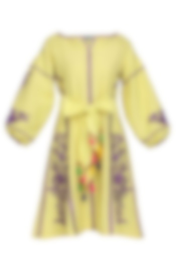 Lime Yellow Floral Embroidered Tafta Dress by Mynah Designs By Reynu Tandon