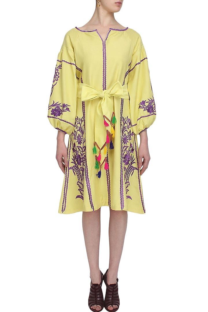 Lime yellow floral embroidered tafta dress available only at Pernia's Pop Up Shop.