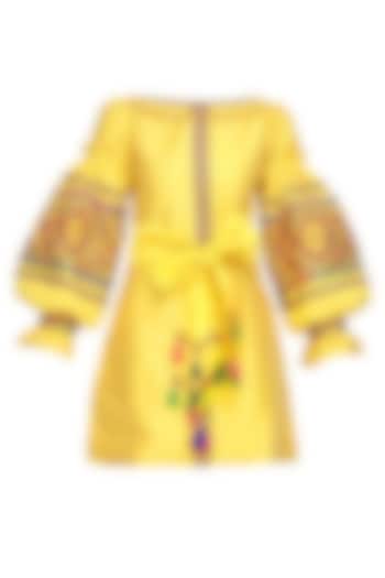 Yellow Geometric Embroidered Tafta Dress by Mynah Designs By Reynu Tandon