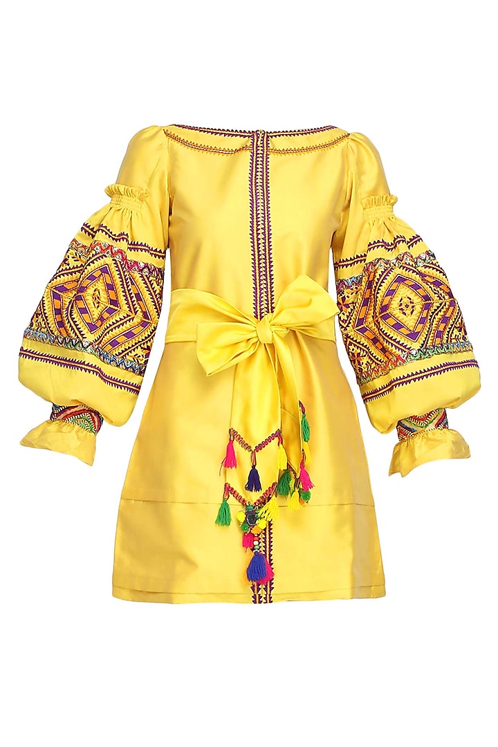 Yellow Geometric Embroidered Tafta Dress by Mynah Designs By Reynu Tandon