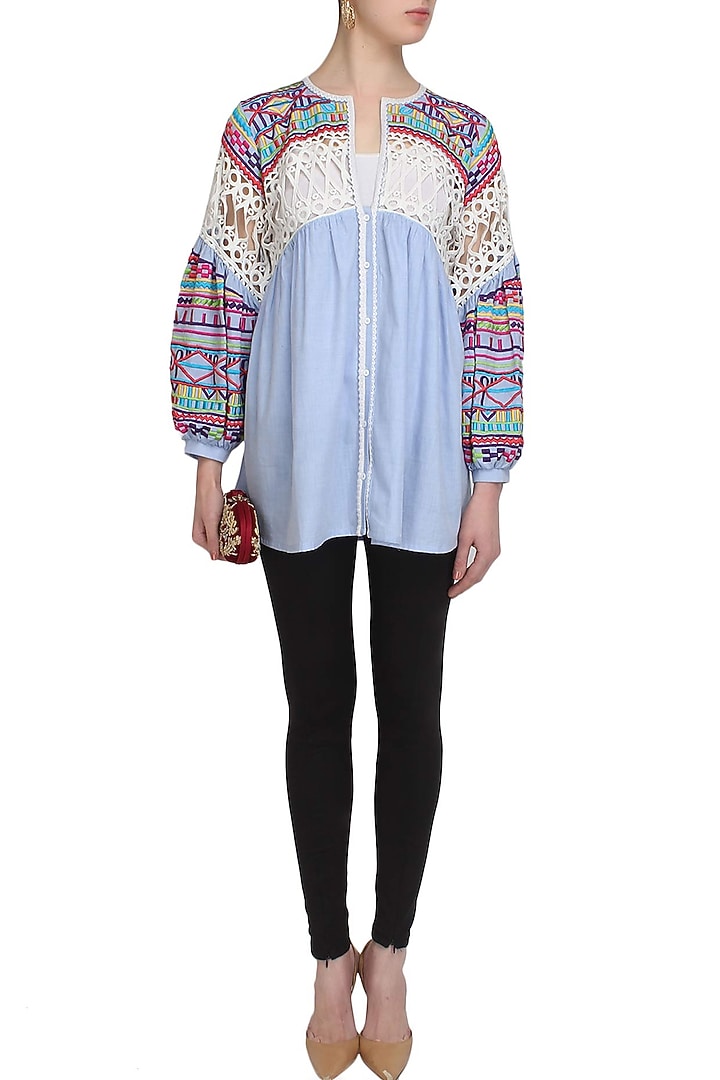 Light blue floral embroidered cotton dress available only at Pernia's Pop Up Shop.