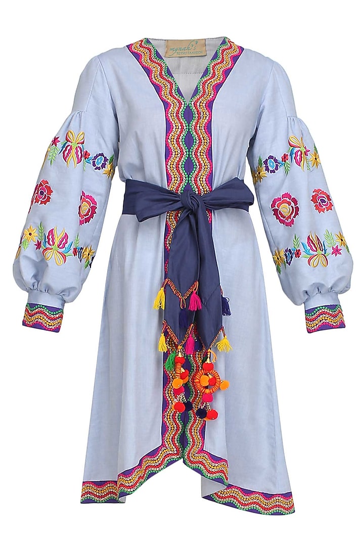 Light Blue Embroidered Cotton Dress by Mynah Designs By Reynu Tandon