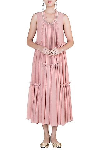 Rose pink embroidered multi tier dress by Myoho