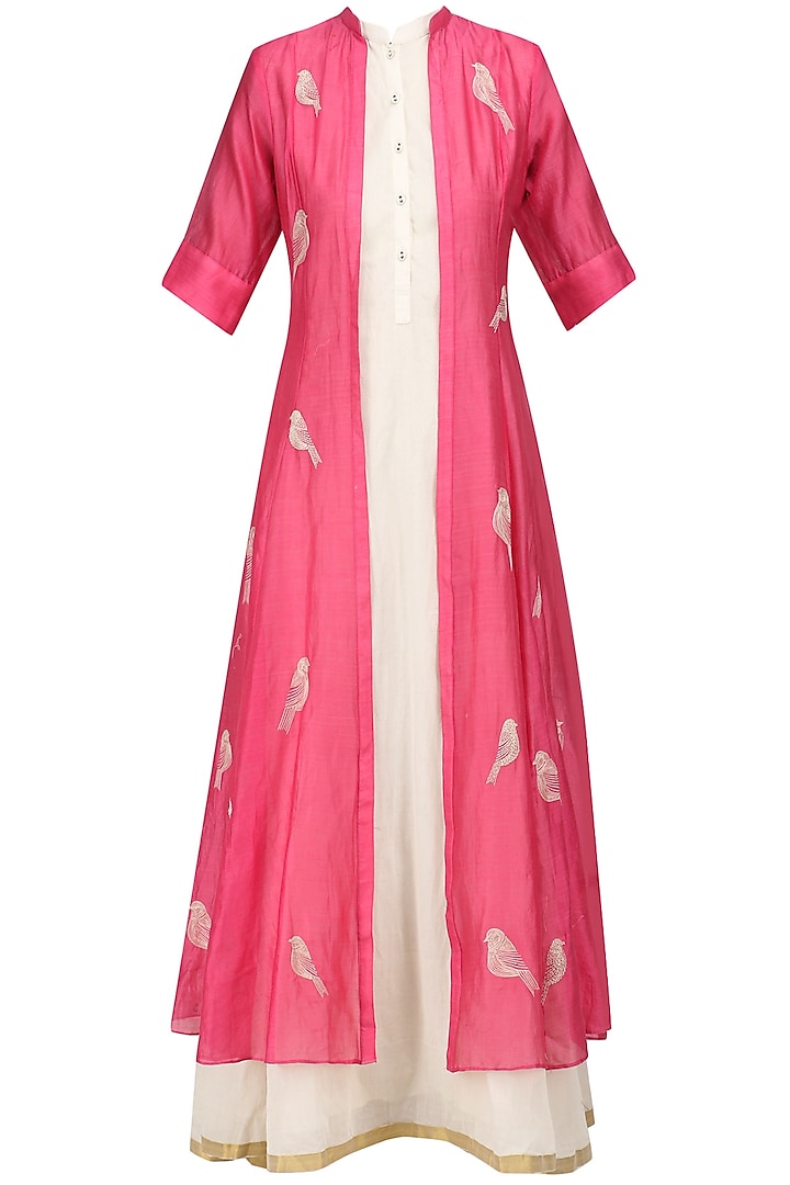 Off White and Pink Embroidered Jacket Maxi Dress by Myoho