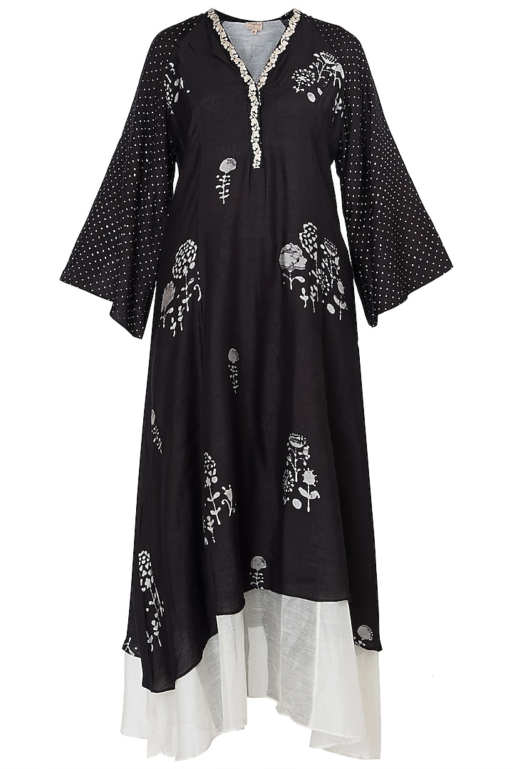 Black Block Printed and Embroidered Kurta with Belt by Myoho