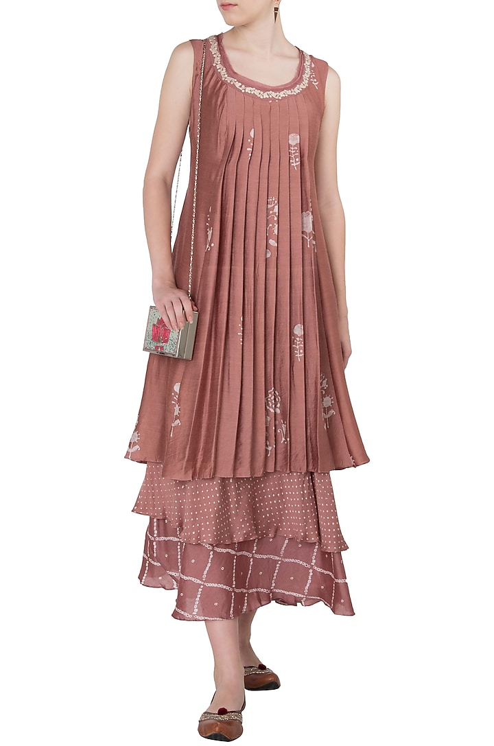 Dusty pink layered block printed and embroidered maxi dress available only at Pernia's Pop Up Shop.