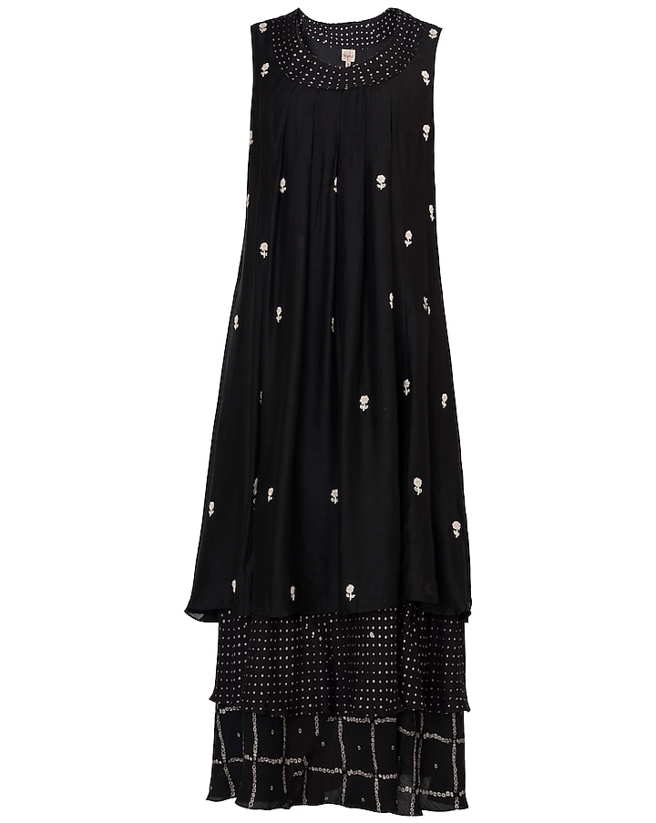 Black Layered Printed and Embroidered Maxi Dress by Myoho