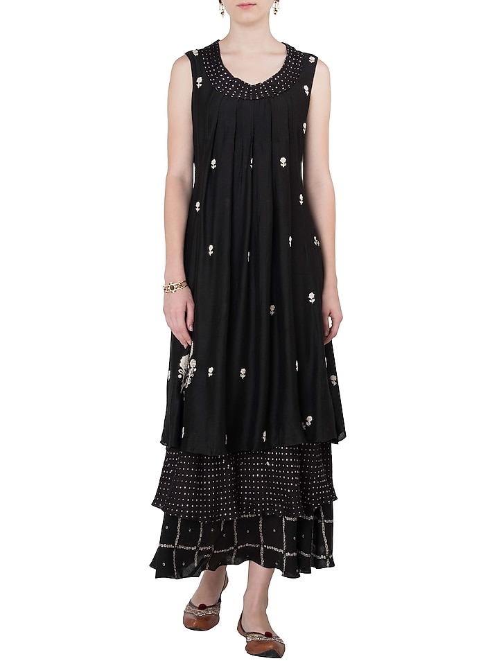 Black layered printed and embroidered maxi dress available only at Pernia's Pop Up Shop.