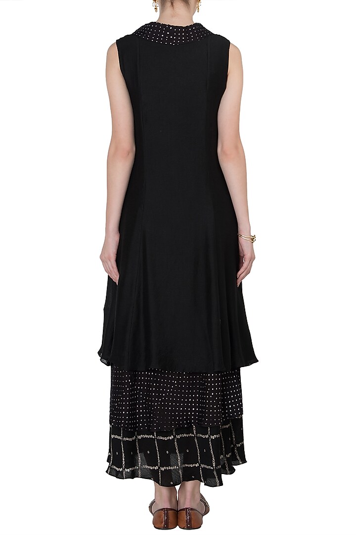 Black layered printed and embroidered maxi dress available only at Pernia's Pop Up Shop.