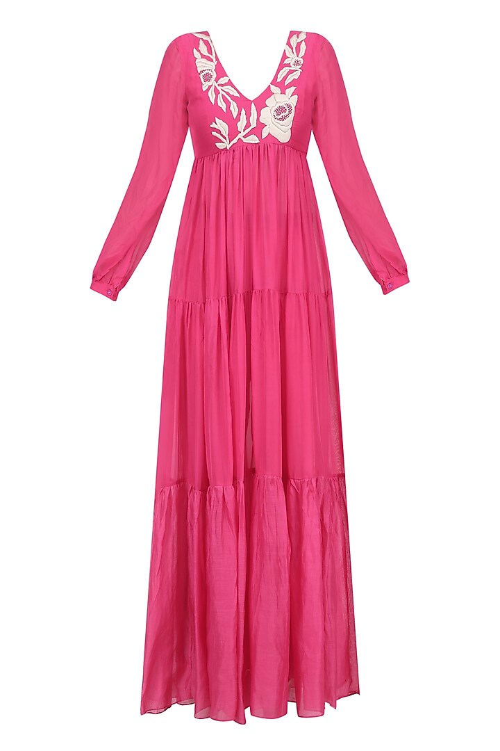 Pink Floral Embroidered Three Tiered Dress with Pants by Myoho