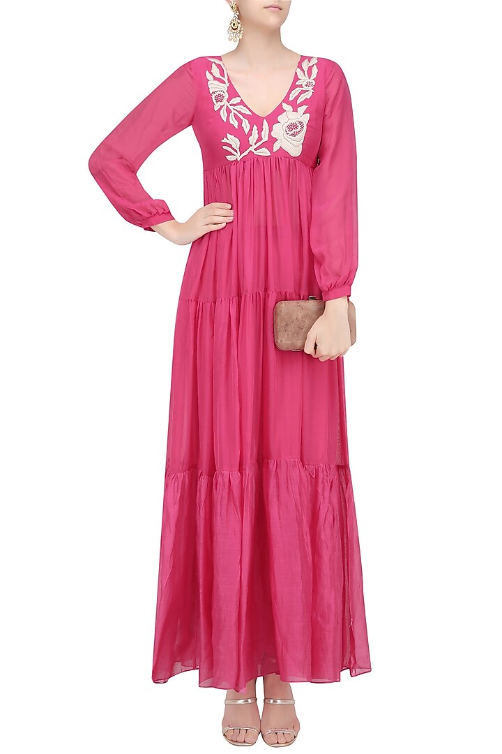Pink floral embroidered three tiered dress with pants available only at Pernia's Pop Up Shop.
