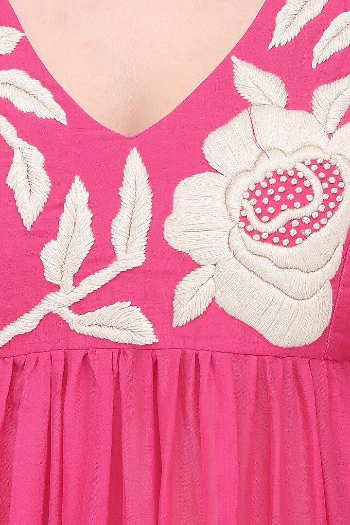 Pink floral embroidered three tiered dress with pants available only at Pernia's Pop Up Shop.