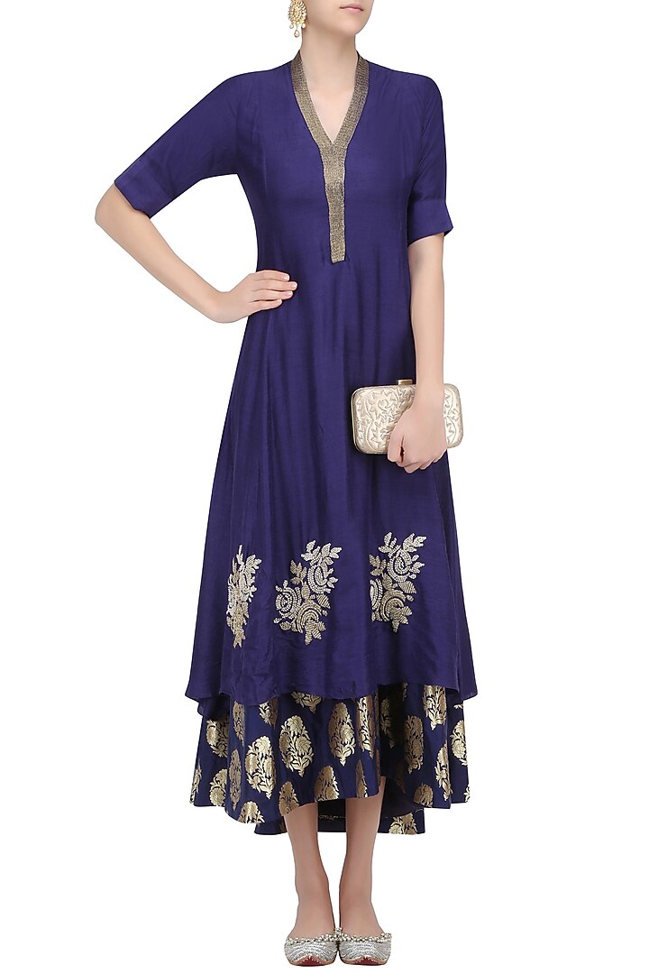 Navy blue floral embroidered kalidaar kurta with gold brocade underlayer available only at Pernia's Pop Up Shop.