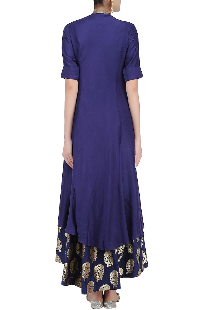 Navy blue floral embroidered kalidaar kurta with gold brocade underlayer available only at Pernia's Pop Up Shop.