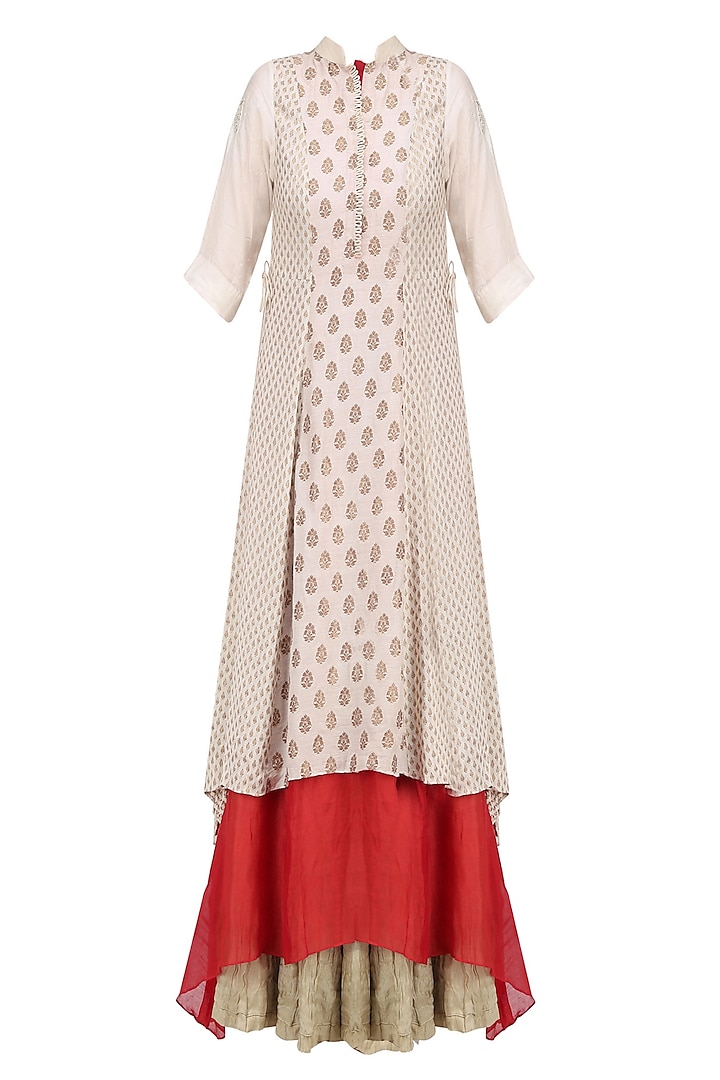 Off White Printed Double Layer Printed Kurta with Crinkled Underlayer by Myoho