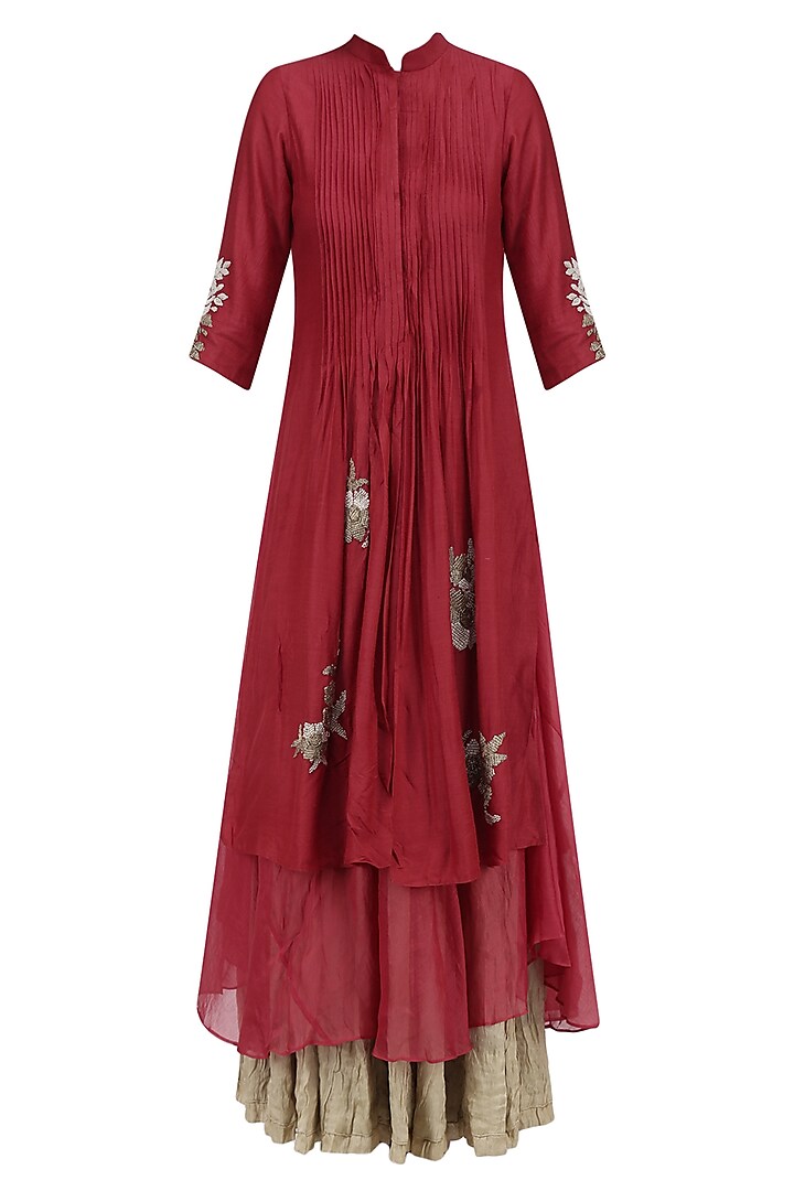 Red Pintuck Floral Embroidered Double Layer Kurta by Myoho
