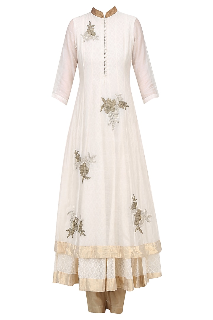 Off White Floral Embroidered Kalidaar Anarkali with Gold Pants by Myoho