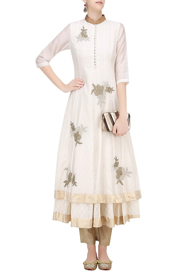 Off white floral embroidered kalidaar anarkali with gold pants available only at Pernia's Pop Up Shop.