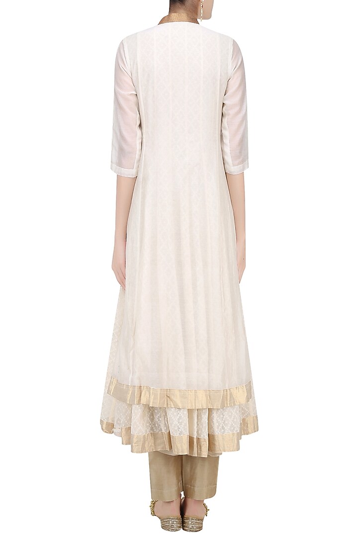 Off white floral embroidered kalidaar anarkali with gold pants available only at Pernia's Pop Up Shop.