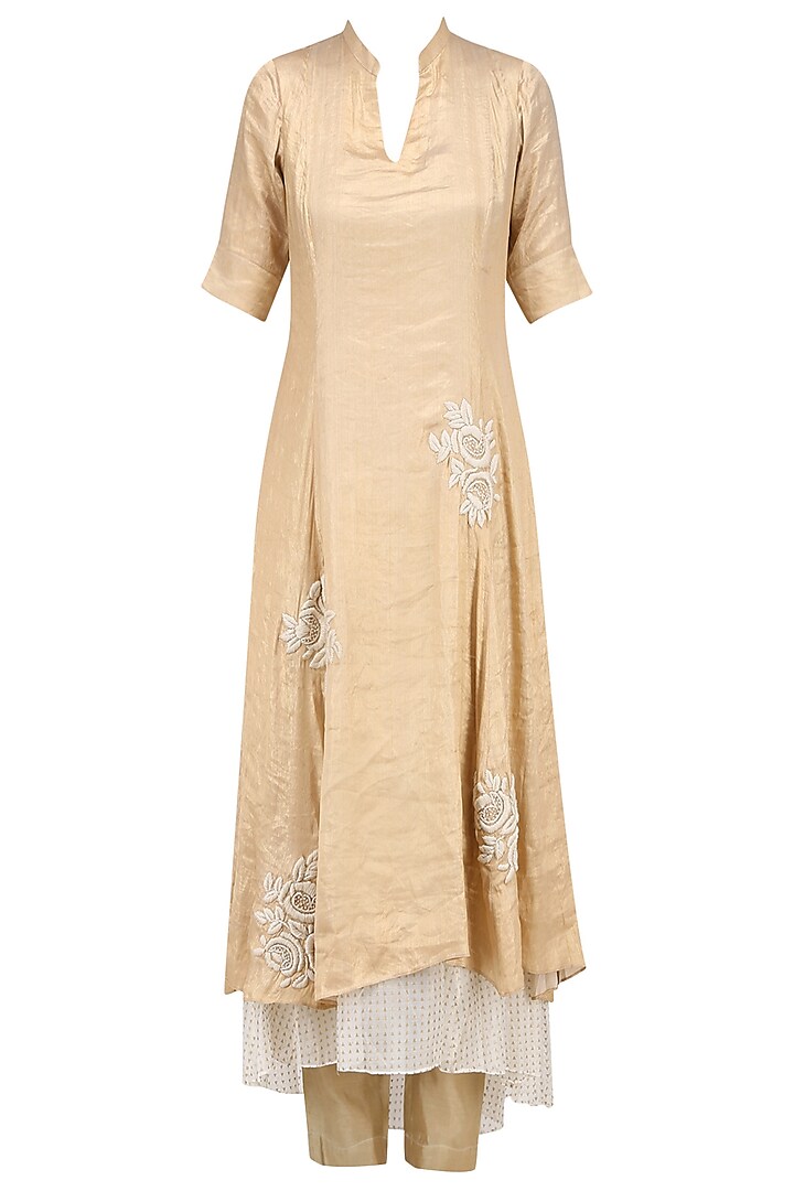 Gold Floral Embroidered Khadi Printed Dress with Gold Pants by Myoho