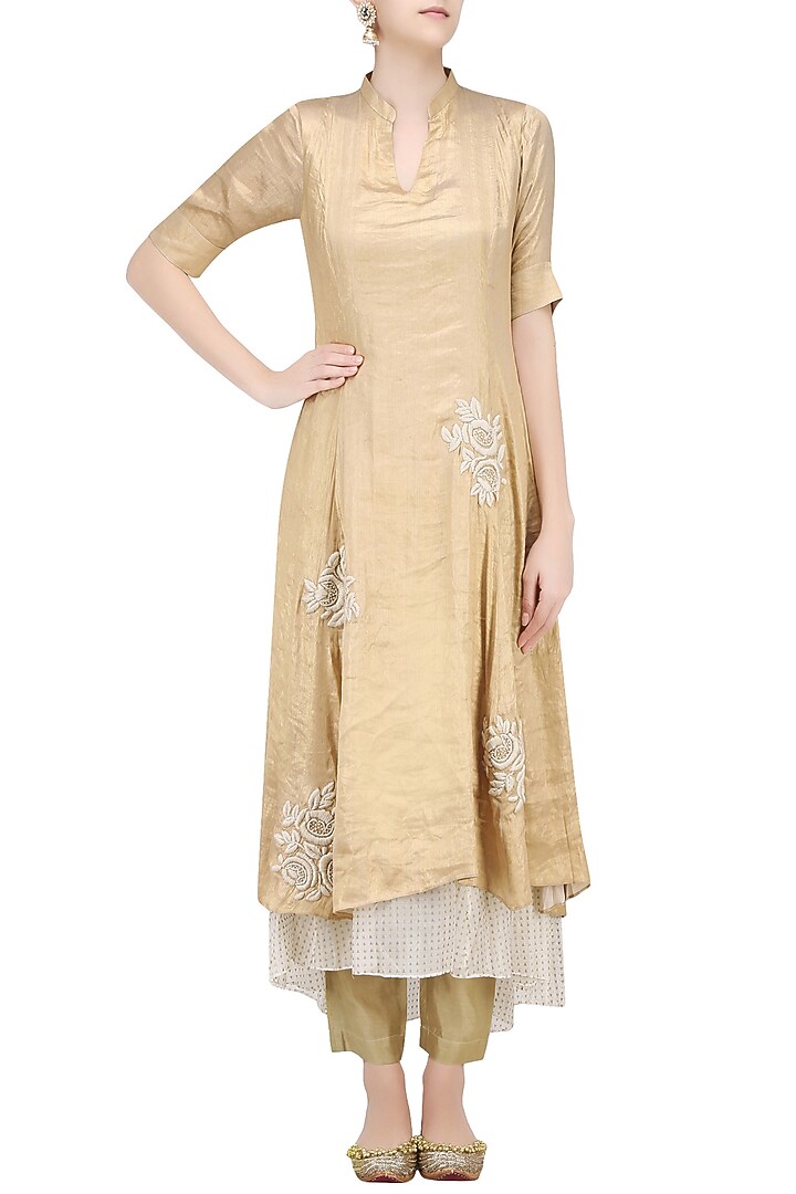 Gold floral embroidered khadi printed dress with gold pants available only at Pernia's Pop Up Shop.