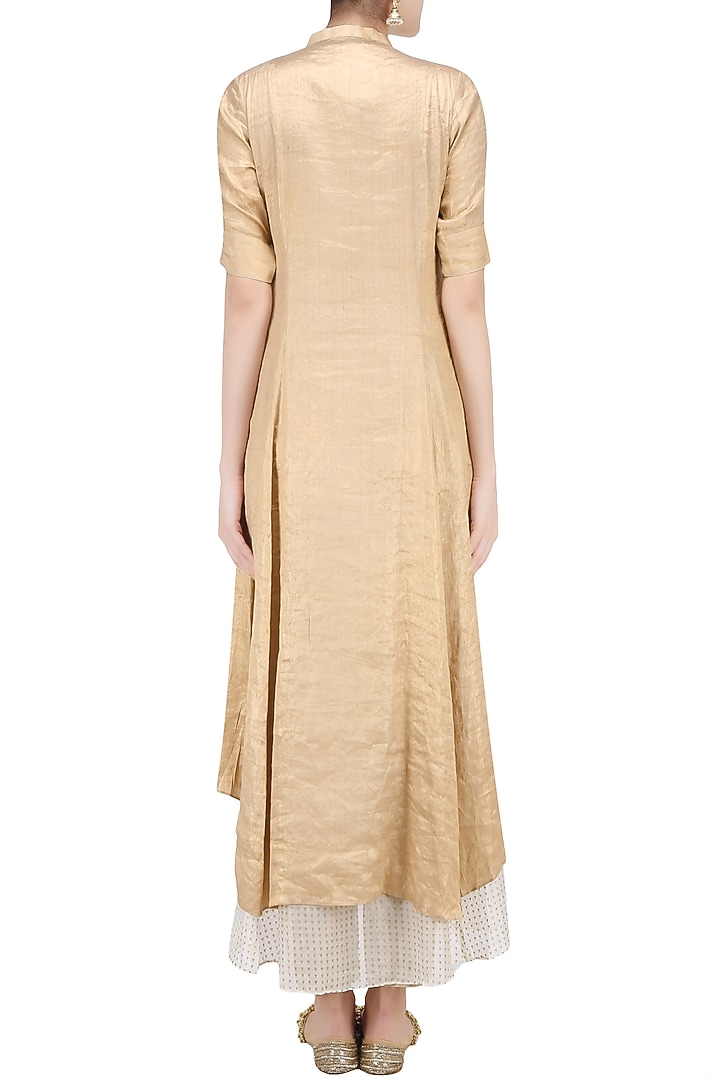 Gold floral embroidered khadi printed dress with gold pants available only at Pernia's Pop Up Shop.