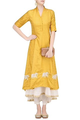 Yellow Elephants Motifs Double Layer Flared Dress with White Pants by Myoho