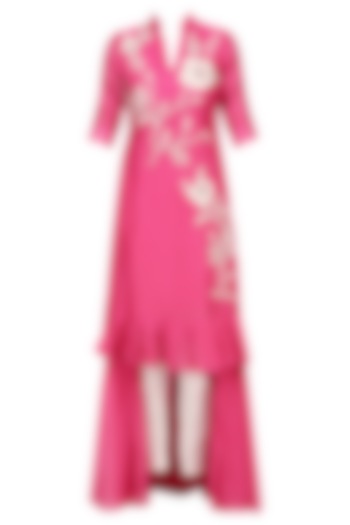 Pink Floral Thread Embroidered High Low Kurta with White Pants by Myoho