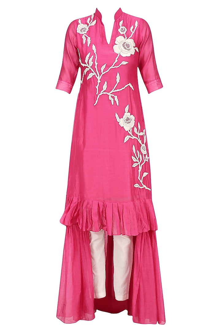 Pink Floral Thread Embroidered High Low Kurta with White Pants by Myoho