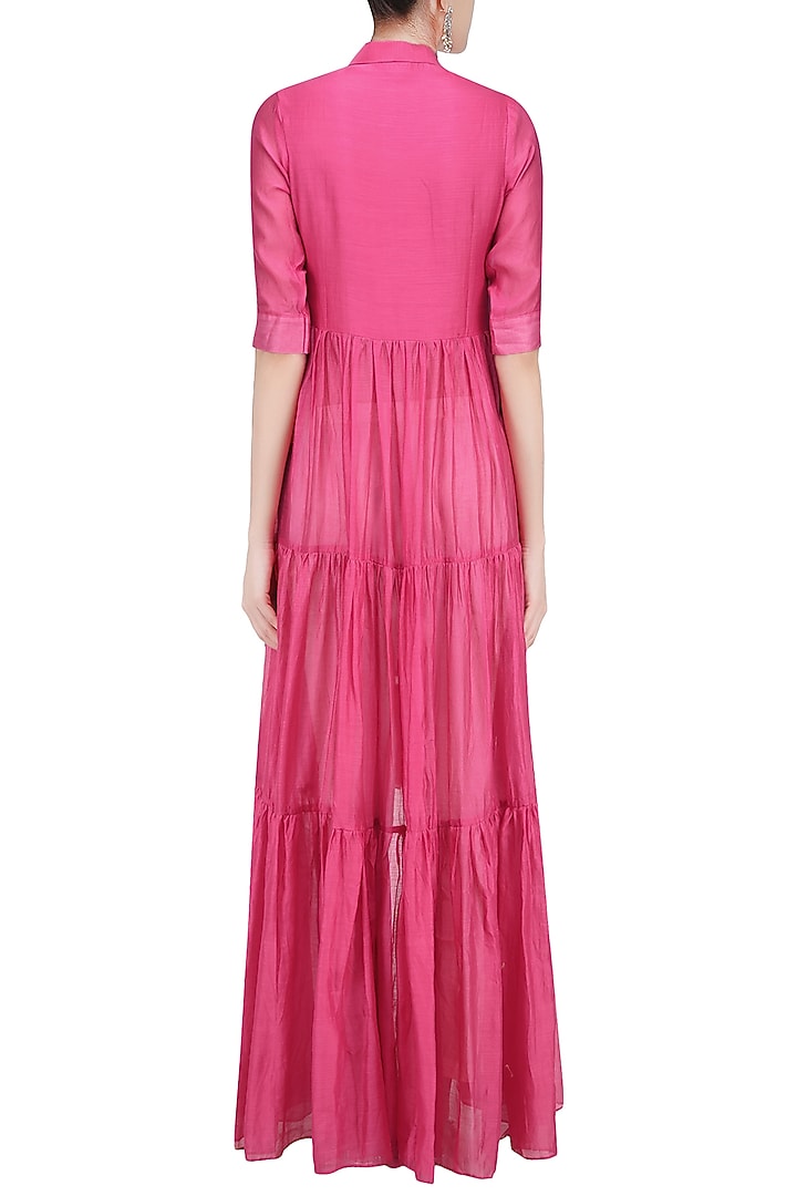 Pink floral thread embroidered high low kurta with white pants available only at Pernia's Pop Up Shop.