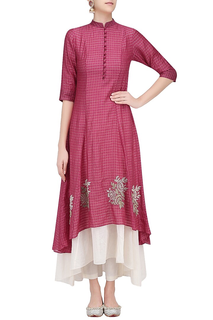 Pink rose motifs kurta with white flared pants available only at Pernia's Pop Up Shop.