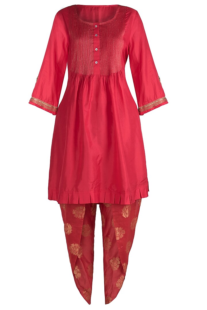 Red Embroidered Kurta with Dhoti Pants Set by Myoho