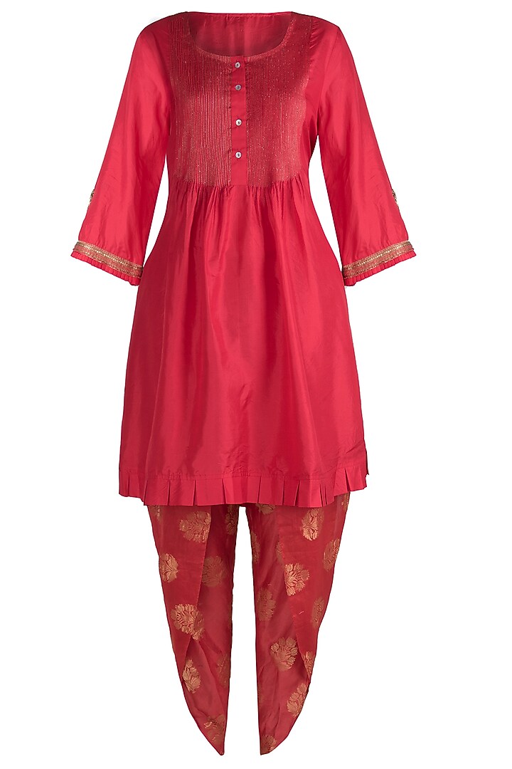 Red embroidered kurta with dhoti pants set available only at Pernia's Pop Up Shop.