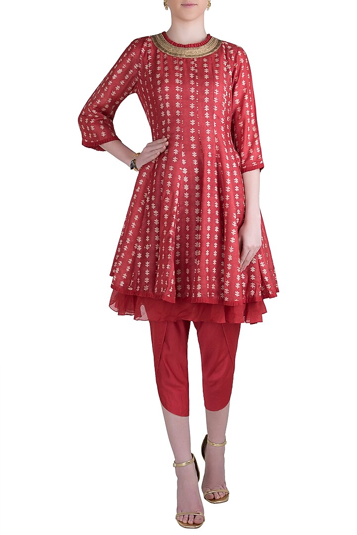 Red hand block printed kurta with dhoti pants available only at Pernia's Pop Up Shop.
